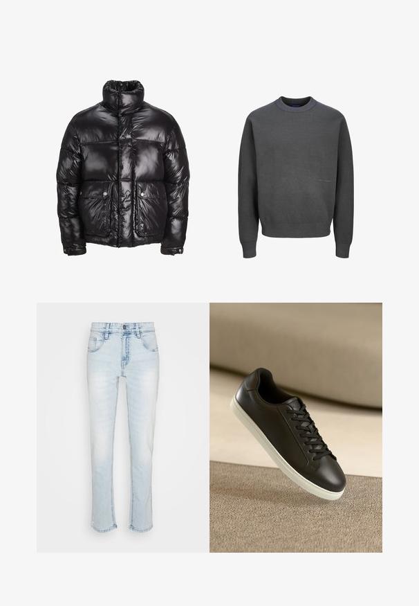 Svart puffjacka i glansigt material, med hög krage, två framfickor med tryckknappar och en vadderad design.; Mörkgrå tröja i strukturerad stickad textil, med ribbad rund halsringning och muddarna, samt en diskret logodetalj på framsidan.; Ljusblå denimjeans med rak passform, femfickdesign och en lätt blekning på framsidan. Utrustad med en metallknappstängning.; Svarta lädersneakers med vit gummisula och svarta snörningar, placerade mot en beige tygyta och bakgrund.