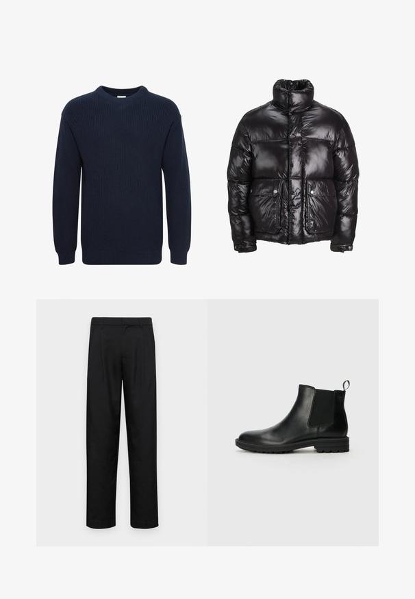 Svart pufferjakke laget av skinnende materiale, med høy krage, to frontlommer med trykknapper og polstret design.; Mørkeblå strikkegenser med rund hals, lange ermer og ribbestruktur, med en rett nederkant og uten synlige logoer eller mønstre.; Sorte bukser laget av glatt stoff, med rette ben, to frontfoldninger og standard liv med beltehemper.; Jack & Jones JFWHOSKINS - Støvletter - anthracite