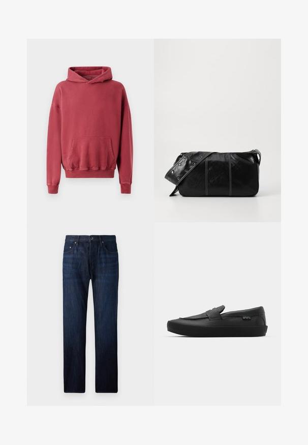 Juodas pūkinis švarkas, pagamintas iš blizgaus medžiagos, su aukštu apykakle, dviem priekiniais kišenėmis su snapeliais ir paminkštinta struktūra.; Raudonas gobtuvėlis su priekyje esančia kišene, pagamintas iš minkštos medžiagos. Savybė ribotuvių rankogaliai ir juosmuo, su laisva forma ir minimaliais detalėmis.; Tamsiai mėlynos džinsinės kelnės su tiesiu kirpimu, penkiais kišenėmis, priekiniais mygtukais ir švelniu blukimu prie kelių.; Vans SKATE LOAFER UNISEX - Sportbačiai - black; Juodas odinis pečių krepšys su užtrauktuku, turintis tekstūruotą paviršių, baltą siuvinėjimą ir dirželį su sidabinėmis metalinėmis detalėmis.