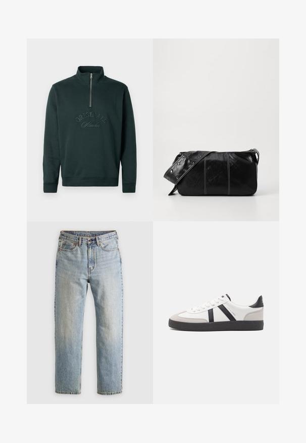 Black puffer jacket made of shiny material, featuring a high collar, two front pockets with snap closures, and a padded design.; Dark green sweatshirt with a high collar and a half-zip closure. Features embossed "ORIGINALS Studio" text on the front. Soft texture.; Light blue denim jeans with high waist, front button, zipper, and five-pocket design, laid flat on a neutral background.; White sneaker with black and gray accents, featuring a textured gray toe cap, black rubber sole, and flat white laces. Clean design, minimalist style.; Black leather shoulder bag with a zip closure, featuring a textured body, white stitching, and a strap with silver grommets.