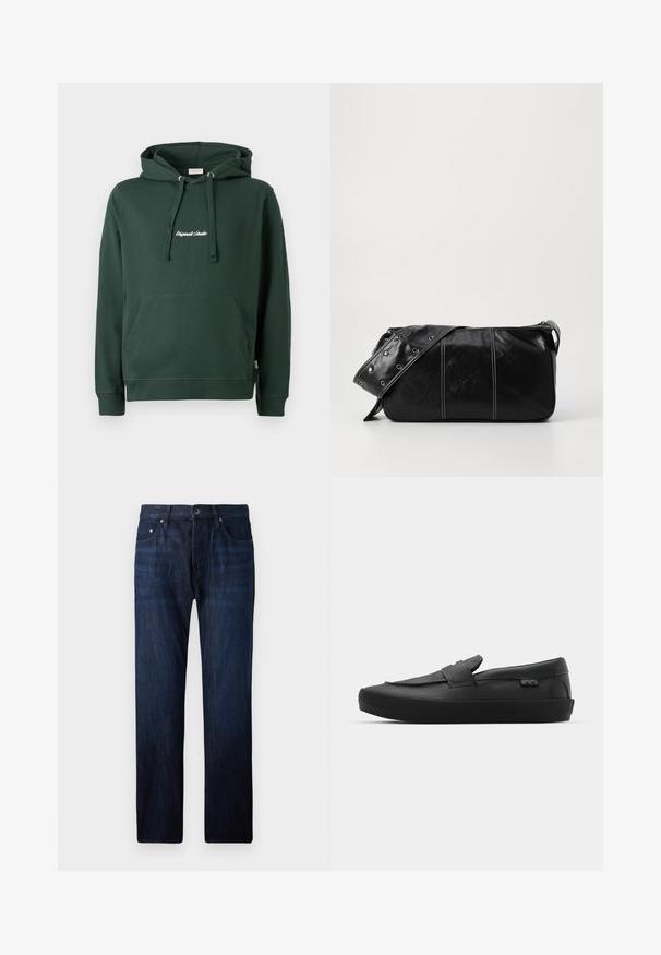 Zwarte pufferjack gemaakt van glanzend materiaal, met een hoge kraag, twee voorzakken met drukknoopsluitingen en een gewatteerd ontwerp.; Groene katoenen hoodie met een voorkant kangaroozak, ribgebreide boorden en geborduurd logo op de borst in het wit. Eenvoudig ontwerp.; Donkerblauwe denim jeans met een recht gesneden pijp, voorzien van vijf zakken, een sluiting met een knoop aan de voorkant en subtiele vervagingen bij de knieën.; Vans SKATE LOAFER UNISEX - Sneakers laag - black; Zwarte leren schoudertas met een ritsluiting, voorzien van een gestructureerd lichaam, witte stiksels en een band met zilveren oogjes.