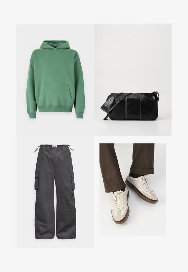 Black puffer jacket made of shiny material, featuring a high collar, two front pockets with snap closures, and a padded design.; Abercrombie & Fitch Essential Popover Hoodie - Sweatshirt - myrtle; Black short-sleeve t-shirt made of cotton. Features a small white logo on the chest and a rectangular label on the bottom right.; Gray cargo pants with a textured fabric, elastic waistband, drawstring, and side pocket details. Loose fit with wide legs.; Beige sneakers with a textured suede front, smooth leather sides, and a brown rubber sole. Laces and light stitching detail included.; Black leather shoulder bag with a zip closure, featuring a textured body, white stitching, and a strap with silver grommets.