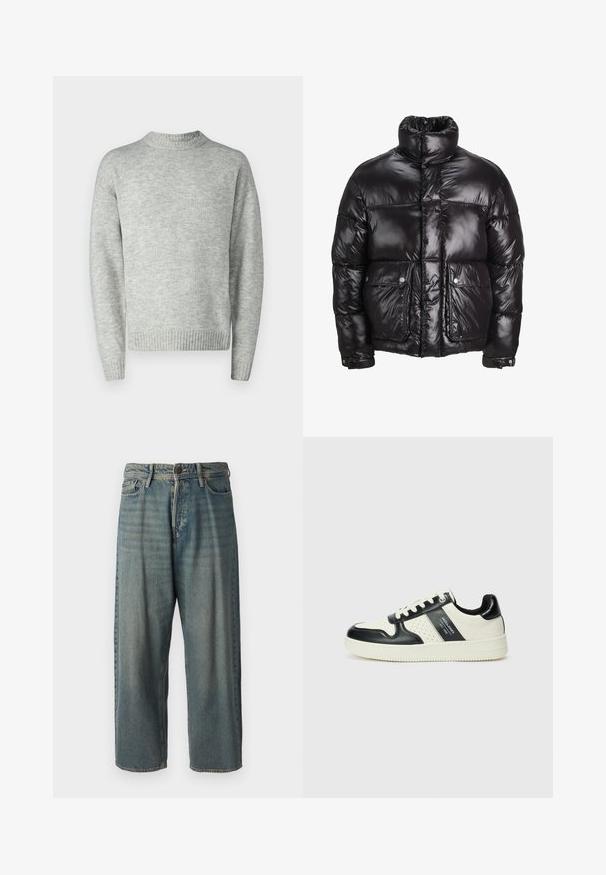 Casaco puffer preto feito de material brilhante, com um colarinho alto, dois bolsos frontais com fecho de pressão e um design acolchoado.; Suéter de pulôver cinza claro, textura tricotada, com gola redonda, mangas longas, bainha e punhos canelados, corte relaxado, design minimalista.; Jeans de ganga azul claro com um corte solto, cintura média e pernas retas. Apresenta cinco bolsos, passadores de cinto e fecho com botão.; Ténis de couro com um esquema de cores em preto e creme, apresentando detalhes perfurados, um colarinho acolchoado e uma sola texturizada.