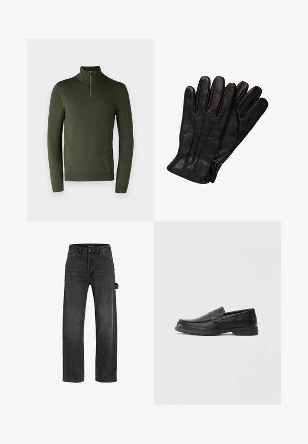 Schwarze Pufferjacke aus glänzendem Material, mit hohem Kragen, zwei vorderen Taschen mit Druckknopfverschlüssen und gepolstertem Design.; Grüner Pullover mit langen Ärmeln und hohem Kragen sowie kurzem Reißverschluss. Hergestellt aus weichem Stoff, mit gerippten Bündchen und Saum.; Dunkelgraue Denim-Jeans mit geradem Schnitt, fünf Taschen, einem Metallknopfverschluss und einem seitlichen Riemendetail.; Schwarze Lederloafers mit glatter Oberfläche, Mokassin-oberteil, genähten Details und Gummisohle. Klassisches Design mit niedrigem Absatz.; Schwarze Lederhandschuhe mit glatter Textur, fünf Fingern und dezenten Nähdetails. Klassisches Design, geeignet für den Einsatz bei kaltem Wetter.