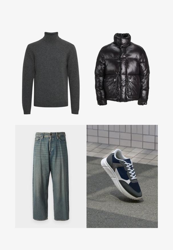 Crna puffer jakna od sjajnog materijala, s visokim ovratnikom, dva prednja džepa sa kopčama na dugmad i podstavljenim dizajnom.; Tamno sivi rolak pulover od mekog pletiva; ima duge rukave i rebrasti ovratnik s glatkom teksturom kroz cijelu površinu.; Svijetloplave traperice s širokim krojem, srednjim pojasom i ravnim nogavicama. Ima pet džepova, petlje za remen i kopčanje na gumb.; Tenisice s gornjim dijelom od mrežastog materijala tamnoplave boje, siva antilopova naglašavanja, bijela gumena potplat i ravne bijele vezice, dizajnirane za udobnost i prozračnost.