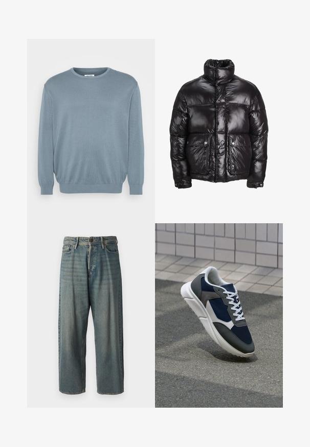 Doudoune noire en matériau brillant, avec un col montant, deux poches avant à fermetures pression, et un design matelassé.; Un pull bleu clair en tissu tricoté, doté d'un col rond et de poignets et d'un ourlet côtelés. Design simple avec une texture douce.; Jeans en denim bleu clair avec une coupe ample, taille mi-haute et jambes droites. Comprend cinq poches, des passants de ceinture et une fermeture à bouton.; Baskets avec une tige en mesh bleu marine, des accents en suède gris, une semelle en caoutchouc blanc et des lacets plats blancs, conçues pour le confort et la respirabilité.