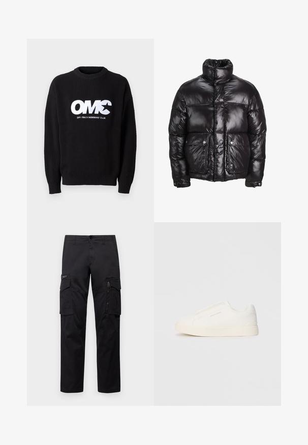 Mustmust särk, mis on valmistatud läikivast materjalist, kõrge kaelusega, kahte esist taskut nupuga sulgemisega ja pehmendatud disainiga.; Mustra musta soonik, millel on ümar kaelus ja silmatorkav valge tikitud tekst "OMC" ja "OFF-TRACK MEMBERS' CLUB" ees.; Mustad mustree püksid, millel on mitu taskut, lukuulukuga tasku reie peal, sirge lõige ja tugevast puuvillast materjal, millel on kerge läige.; Valged libisemiskindlad tossud tekstuuriga pinnaga, paksu tallaga ja minimalistikus disainis. Küljel on brändi logo.