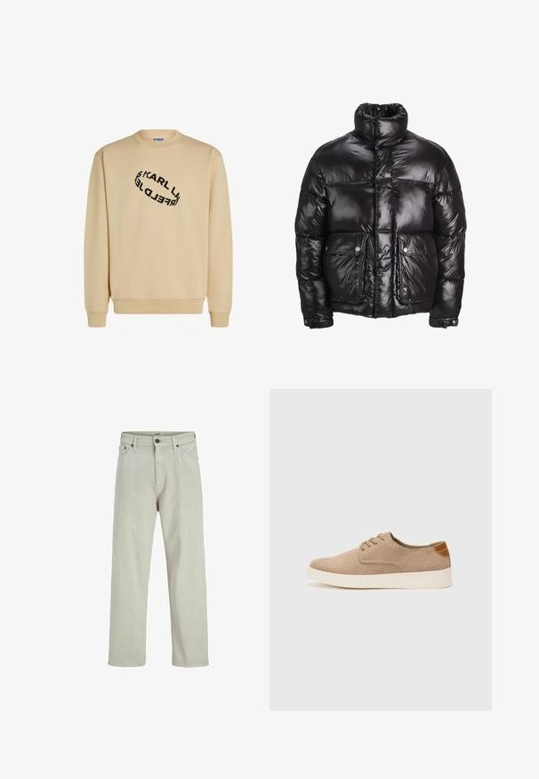 Svart pufferjakke laget av skinnende materiale, med høy krage, to frontlommer med trykknapper og polstret design.; Beige sweatshirt med rund halsutskjæring. Har et svart tekstdesign i spiralform. Lange ermer og ribbet mansjetter i bunnen.; Lyse beige denimbukser med rett ben-design, fem lommer, og en knappelukking i livet, med minimale sømdetaljer.; Beige semskinnsko med rund tå, snøring foran og en teksturert bakre aksent. Hvit gummisåle gir kontrast. Enkelt og moderne design.