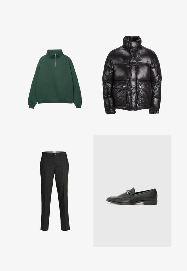 Črn napihljiv jopič iz sijočega materiala, z visokim ovratnikom, dvema sprednjima žepoma z zavihkom in oblazinjenim dizajnom.; Temno zelena majica s kapuco na zadrgo in visokim ovratnikom. Narejena iz mehke tkanine, z nizkimi rameni ter rebrastimi manšeti in robom.; Črne hlače, krojene prilega, gladka tkanina, srednje visok pas, sprednja zaponka, diagonalne žepke in pregibna podrobnost vzdolž nog.; Črni usnjeni loafer z gladko površino, ki ima šivano zasnovo in dekorativni kovinski verižni naglas preko vampirja. Ravno peto.