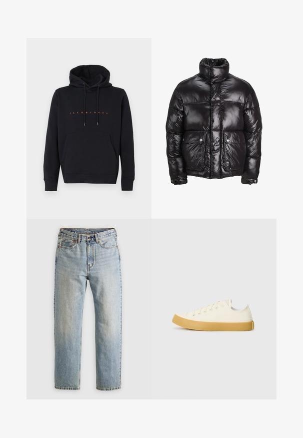 Fekete puffermellény fényes anyagból, magas gallérral, két elülső zsebbel, patentos záródással és párnázott kialakítással.; Fekete kapucnis pulóver elülső zsebbe, középre helyezett narancssárga "JACK & JONES" felirattal, fehér háttéren.; Világoskék farmernadrág magas derékkal, elülső gombbal, cipzárral és öt zsebbel, sima háttérre fektetve.; Krémszínű vászon sportcipő, kerek orral, bézs gumi talppal és öt fűzőlyukkal, a felső részen texturált felülettel.