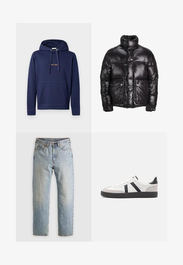 Svart puffjacka i glansigt material, med hög krage, två framfickor med tryckknappar och en vadderad design.; Mörkblå hoodie i bomull med känguruficka, dragsko i huvan och broderad text på bröstet. Enkel design med ribbade ärmslut.; Ljusblå denimjeans med hög midja, framknäppning, dragkedja och femficksdesign, placerade platt på en neutral bakgrund.; Vit sneaker med svarta och grå accenter, med en strukturerad grå tådel, svart gummisul, och platta vita skosnören. Ren design, minimalistisk stil.