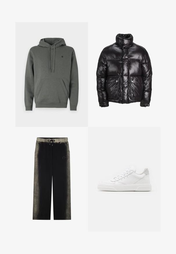 Giacca a vento nera in materiale lucido, con colletto alto, due tasche frontali con chiusura a pressione e design imbottito.; Felpa in cotone verde scuro con tasca a marsupio, cappuccio con cordino regolabile e logo discreto sul petto; texture liscia e vestibilità casual.; YOURTURN UNISEX - Pantaloni sportivi - black; Sneaker bianche in pelle con finitura liscia, punta arrotondata, lacci piatti e suola texturizzata. Accento in suede grigio sul tallone.