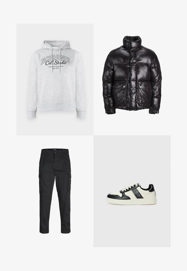 Musta untuvaparka, joka on valmistettu kiiltävästä materiaalista, jossa on korkea kaulus, kaksi etutaskua napilla, sekä pehmustettu muotoilu.; Harmaa puuvillaneulehuppari, jossa on nyörillä säädettävä huppu, ribbikuvioidut hihansuut ja etupuolella graafinen teksti, jossa lukee "JACK & JONES" ja "Col. Studio".; Mustat cargo-housut, jotka on valmistettu kestävästä kankaasta. Housuissa on useita taskuja, nappisulku ja kapea istuvuus, jossa on kapenevat lahkeet.; Nahkakengät musta-kerma värimaailmassa, joissa on rei'itetyt yksityiskohdat, pehmustettu nilkkaosa ja teksturoitu pohja.