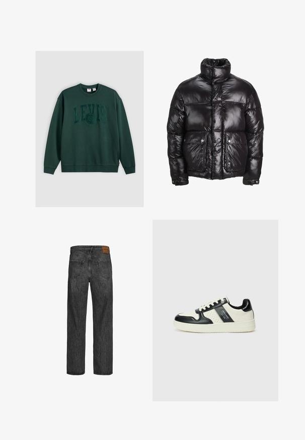 Giacca a vento nera in materiale lucido, con colletto alto, due tasche frontali con chiusura a pressione e design imbottito.; Felpa verde scuro in cotone, con un grande logo in rilievo "LEVI'S" centrato sulla parte anteriore, dotata di polsini e orlo a costine.; Jeans in denim nero con un design a gamba dritta, stile a cinque tasche e una toppa in pelle marrone in vita. Tessuto testurizzato con dettagli di cucitura.; Sneakers in pelle con una combinazione di colori nero e crema, dotati di dettagli perforati, collare imbottito e suola testurizzata.