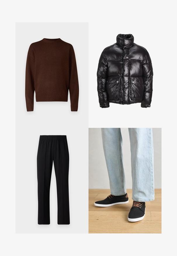 Doudoune noire en matériau brillant, avec un col montant, deux poches avant à fermetures pression, et un design matelassé.; Pull en maille marron avec un col rond, des manches longues et des poignets côtelés. Le matériau est texturé, offrant un aspect doux.; Pantalons noirs à taille élastique avec une coupe droite, présentant une texture lisse et sans motifs ni éléments visibles.; Baskets en toile noires avec des accents marron, semelles en caoutchouc blanches et lacets marron, associées à un jean droit bleu clair. Fond en bois.