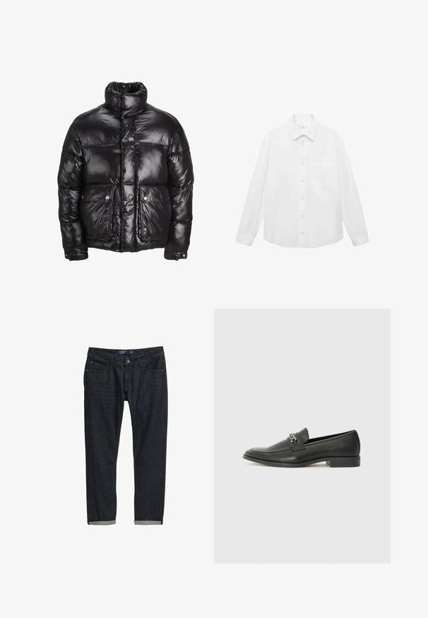 Giacca a vento nera in materiale lucido, con colletto alto, due tasche frontali con chiusura a pressione e design imbottito.; Mango ANTARES - Camicia - white; Jeans in denim scuro con vestibilità slim, caratterizzati da orli arrotolati, design classico a cinque tasche e chiusura con bottone, su uno sfondo bianco.; Mocassino in pelle nera con finitura liscia, caratterizzato da un design cucito e da un accento decorativo in catena metallica sul vamp. Tacco piatto.