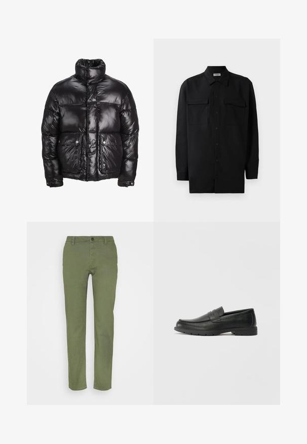 Casaco puffer preto feito de material brilhante, com um colarinho alto, dois bolsos frontais com fecho de pressão e um design acolchoado.; Camisa preta de botão, feita de um tecido suave, com golas clássicas, dois bolsos frontais e mangas longas com punhos abotoados.; Calças verde caqui com uma textura suave, apresentam um fecho de botão e cinco bolsos, desenhadas em corte reto.; Sapatos mocassins de couro preto com acabamentos lisos, parte superior em estilo mocassins, detalhes em costura e sola de borracha. Design clássico com um salto baixo.
