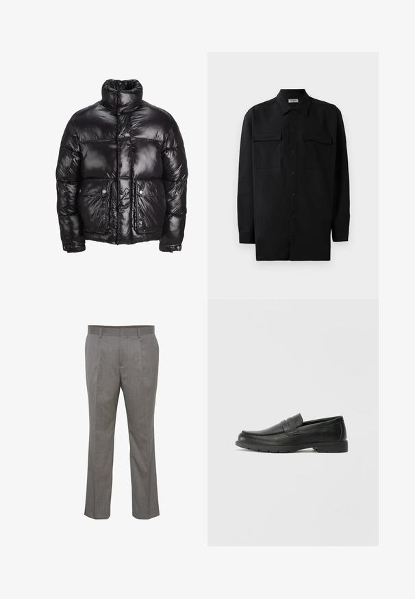 Crna puffer jakna od sjajnog materijala, s visokim ovratnikom, dva prednja džepa sa kopčama na dugmad i podstavljenim dizajnom.; Crna košulja s dugim rukavima od glatkog materijala, s klasičnom kragnom, dva prednja džepa i dugmadima na manžetama.; Sive prugaste hlače sa plisiranim prednjim dijelom, izrađene od lagane tkanine, s klasičnim koso postavljenim džepovima i ravnim nogavicama.; Crne kožne mokasine s glatkom površinom, gornji dio u stilu mokasina, ojačani šavovi i gumeni potplat. Klasičan dizajn s niskom petom.