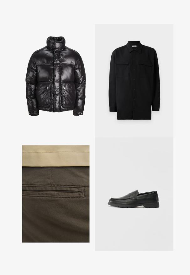 Casaco puffer preto feito de material brilhante, com um colarinho alto, dois bolsos frontais com fecho de pressão e um design acolchoado.; Camisa preta de botão, feita de um tecido suave, com golas clássicas, dois bolsos frontais e mangas longas com punhos abotoados.; Calças de algodão castanhas com um bolso traseiro visível, acentuadas por costuras discretas e uma textura suave. A cintura tem um tom bege em contraste.; Sapatos mocassins de couro preto com acabamentos lisos, parte superior em estilo mocassins, detalhes em costura e sola de borracha. Design clássico com um salto baixo.