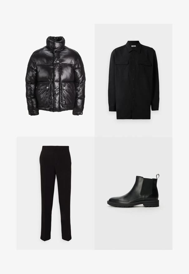 Mustmust särk, mis on valmistatud läikivast materjalist, kõrge kaelusega, kahte esist taskut nupuga sulgemisega ja pehmendatud disainiga.; Mustmust värvi nööpidega särk, mis on valmistatud sujuvast kangast, klassikalise kraega, kahe eesmise tasku ja pikkade varrukatega, millel on nööpidega mansetid.; Mustad kohandatud püksid, millel on sirge säär, sile tekstuur ja nähtavad kaunistused puuduvad. Standardne vöökoht koos vööaasadega.; Jack & Jones JFWHOSKINS - Klassikalised poolsaapad - anthracite