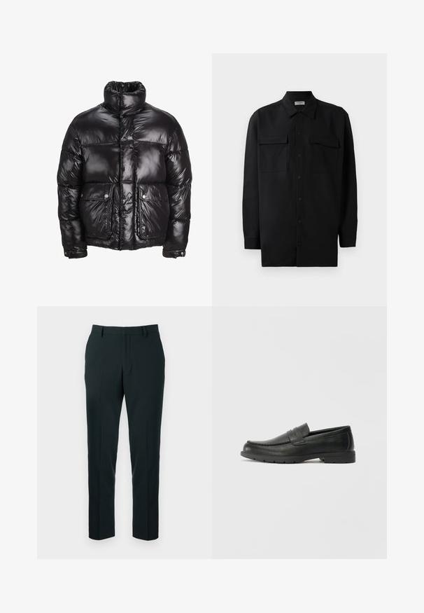 Fekete puffermellény fényes anyagból, magas gallérral, két elülső zsebbel, patentos záródással és párnázott kialakítással.; Fekete gombos ing, sima anyagból készült, klasszikus gallérral, két elülső zsebbel és hosszú ujjakkal, amelyek gombos mandzsettával záródnak.; Fekete, szabott nadrág, amelyek sima, egyenes lábú kialakítással rendelkeznek, sima anyagból készült, lapos elülső résszel és látható zsebek nélkül.; Fekete bőr mokaszinok sima felülettel, a mokaszin stílusú felsőrésszel, varrott részletezéssel és gumitalppal. Klasszikus dizájn alacsony sarokkal.