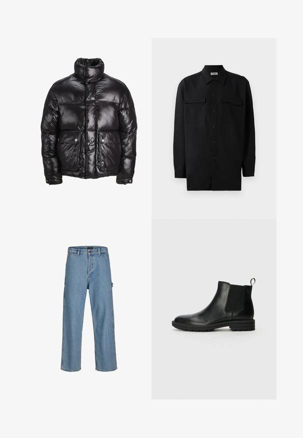 Casaco puffer preto feito de material brilhante, com um colarinho alto, dois bolsos frontais com fecho de pressão e um design acolchoado.; Camisa preta de botão, feita de um tecido suave, com golas clássicas, dois bolsos frontais e mangas longas com punhos abotoados.; Jeans de denim azul claro com um corte relaxado, pernas retas e botão clássico na cintura. Possui bolsos laterais e detalhes de costura discretos.; Jack & Jones JFWHOSKINS - Botas clássicas de cano curto - anthracite