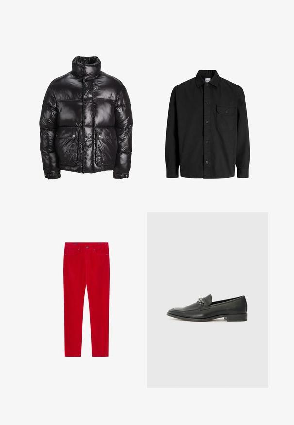 Abrigo acolchado negro hecho de material brillante, con un cuello alto, dos bolsillos frontales con cierres a presión y un diseño acolchado.; Camisa de manga larga negra con botones, cuello y un solo bolsillo en el pecho con solapa abotonada.; Pantalones de tela de pana rojos con corte recto, que cuentan con bolsillos frontales, cremallera y una textura sutil en toda la tela.; Mocasín de cuero negro con un acabado suave, que cuenta con un diseño de costura y un acento decorativo de cadena de metal en el empeine. Tacón plano.