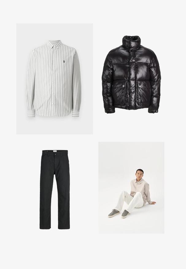 Giacca a vento nera in materiale lucido, con colletto alto, due tasche frontali con chiusura a pressione e design imbottito.; Camicia a maniche lunghe con strisce verticali grigie e bianche. Collo classico e un piccolo logo sul lato sinistro del petto. Materiale in cotone.; Pantaloni neri realizzati in tessuto resistente, caratterizzati da un design a gamba dritta, dettagli cuciti e due tasche frontali per la funzionalità.; Camicia beige abbottonata, pantaloni bianchi e sneakers grigi. La camicia ha una vestibilità ampia e le sneakers presentano una superficie texture e un design con lacci.
