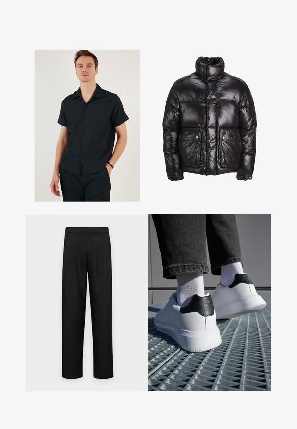 Musta untuvaparka, joka on valmistettu kiiltävästä materiaalista, jossa on korkea kaulus, kaksi etutaskua napilla, sekä pehmustettu muotoilu.; Musta lyhythihainen paita, jossa on kauluskanta, ribbitekstuuri ja nappi etuosa. Yhdistetty samansävyisiin housuihin, luoden yhtenäisen ilmeen.; Mustat housut, jotka on valmistettu sileästä kankaasta, suoran lahkeen muotoilulla, kahdella etupleekillä ja tavanomaisella vyötäröllä, jossa on vyölenkit.; Valkoiset lenkkarit, joissa on musta kantatuki, jossa on hymyilevät kasvot -kuvio, sileää nahkaa, tasainen kumipohja ja teksturointiyksityiskohtia.