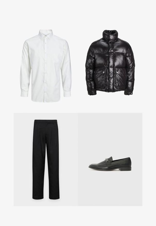 Mustmust särk, mis on valmistatud läikivast materjalist, kõrge kaelusega, kahte esist taskut nupuga sulgemisega ja pehmendatud disainiga.; Valge pika venituskohtadega särk, mis on valmistatud siledast kangast, klassikalise kaelusega, esitaskuga nuppudega ja nööpidega mansettidega.; Mustad mustadest riietest, millel on sirge jalgade disain, kaks eesmist voltimist ja tavaline vöökoht, millel on vöökohad.; Must haveate nahkking punased, millel on sile viimistlus, tikitud muster ja dekoratiivne metallkett vampi üle. Tasane konts.