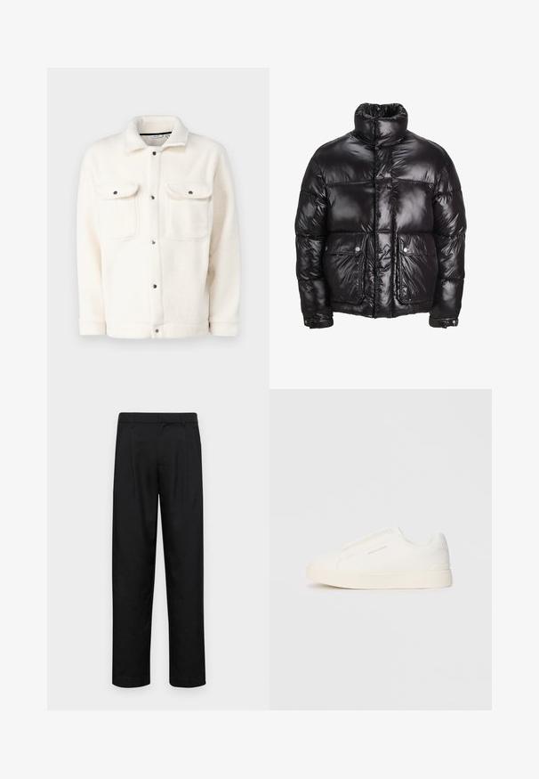 Μαύρο μπουφάν από υλικό που γυαλίζει, με ψηλό γιακά, δύο μπροστινές τσέπες με κούμπωμα και μαλακή κατασκευή.; Φλις ζακέτα σε off-white απόχρωση με κλείσιμο με κουμπί, δύο τσέπες στο στήθος και γιακά πουκαμίσου. Διαθέτει υφή στην επιφάνεια και στρογγυλές μανσέτες.; Μαύρο παντελόνι από λείο ύφασμα, με ίσια γραμμή, δύο μπροστινές πιέτες και κανονική μέση με θηλιές ζώνης.; Λευκά slip-on παπούτσια με υφή, παχύ πάτο και μινιμαλιστικό σχέδιο. Φέρει το λογότυπο της μάρκας στο πλάι.