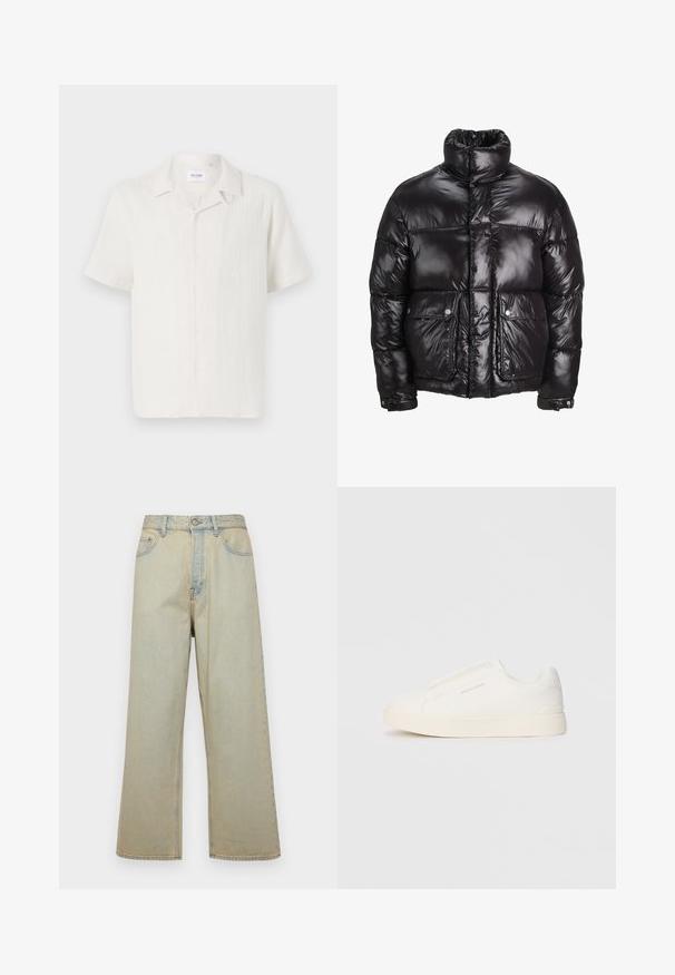 Μαύρο μπουφάν από υλικό που γυαλίζει, με ψηλό γιακά, δύο μπροστινές τσέπες με κούμπωμα και μαλακή κατασκευή.; Κοντομάνικο πουκάμισο με κουμπιά σε ανοιχτό κρεμ χρώμα, με διακριτό υφαντό μοτίβο και κλασικό σχέδιο γιακα.; Απαλό μπλε φαρδύ τζιν παντελόνι κατασκευασμένο από τζιν με φθαρμένη εμφάνιση. Διαθέτει πέντε τσέπες και κλείσιμο μπροστά με κουμπί.; Λευκά slip-on παπούτσια με υφή, παχύ πάτο και μινιμαλιστικό σχέδιο. Φέρει το λογότυπο της μάρκας στο πλάι.
