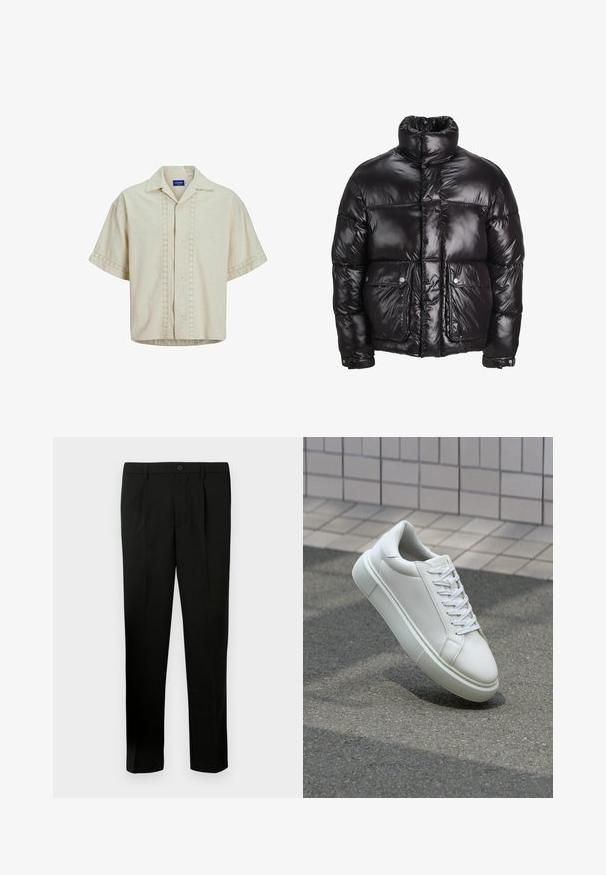 Crna puffer jakna od sjajnog materijala, s visokim ovratnikom, dva prednja džepa sa kopčama na dugmad i podstavljenim dizajnom.; Košulja s kratkim rukavima od bež lana s dugmetima sprijeda, s detaljima od čipke duž središnjeg dijela i manžeta. Ravan rub.; Crne krojene hlače s ravnim prednjim dijelom, dva nabora, kopčanjem na gumb, bočnim džepovima i ravnim nogavicama. Izrađene su od glatkog materijala.; Bijela kožna tenisica s glatkom površinom, okruglim vrhom i ravnim bijelim vezicama. Ima teksturiran gumeni potplat i minimalne dizajnerske elemente.