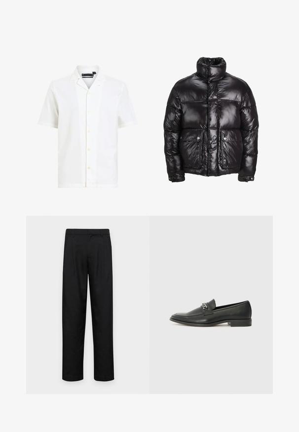 Svart puffjacka i glansigt material, med hög krage, två framfickor med tryckknappar och en vadderad design.; Vit kortärmad skjorta av mjukt tyg, med en v-ringad krage, sex knappar framtill och en avslappnad passform.; Svarta byxor i slät väv, med rak ben-design, två framfickor och standardmidja med bälteshällor.; Svart läderloafers med en slät yta, med en sydd design och en dekorativ metallkedjeaccent över västen. Platt häldesign.
