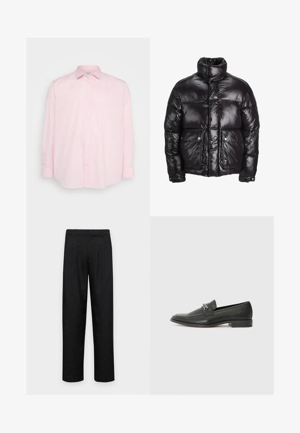 Svart pufferjakke laget av skinnende materiale, med høy krage, to frontlommer med trykknapper og polstret design.; Lys rosa skjorte med lange ermer, standard krage og hvite knapper foran, laget av glatt bomullsstoff.; Sorte bukser laget av glatt stoff, med rette ben, to frontfoldninger og standard liv med beltehemper.; Sorte skinnloafers med en glatt finish, og med en sydd design og en dekorativ metallkjedeakcent over foten. Flat hæl.