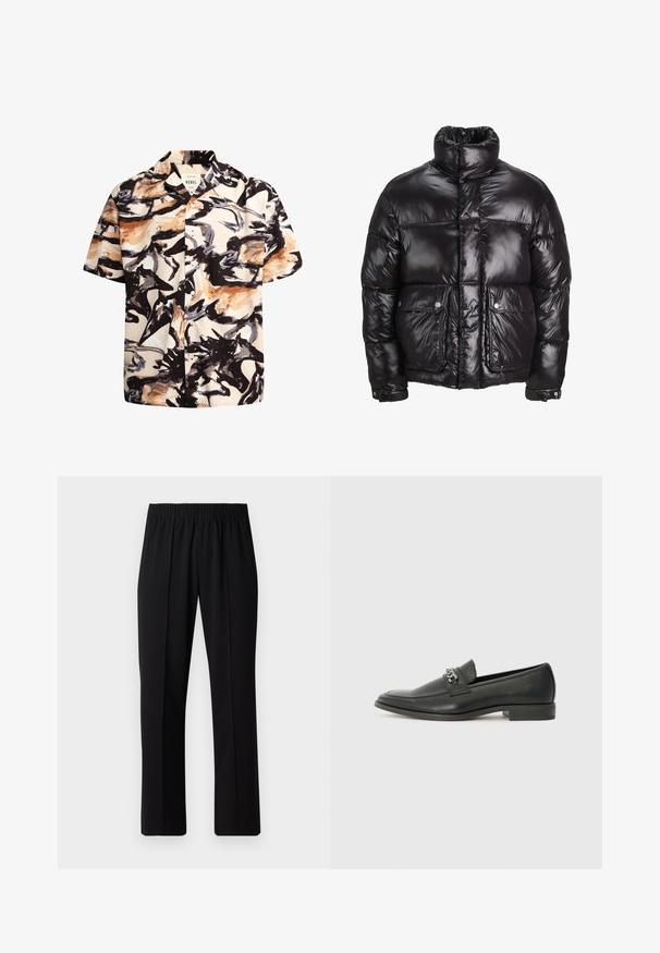 Zwarte pufferjack gemaakt van glanzend materiaal, met een hoge kraag, twee voorzakken met drukknoopsluitingen en een gewatteerd ontwerp.; Korte mouwen shirt van licht crèmekleurige stof met een abstract patroon in zwart, bruin en blauw. Heeft een knoopsluiting aan de voorkant en een open kraag.; Zwarte, elastische broek met rechte pijpen, met een gladde textuur en zonder zichtbare patronen of hardware.; Zwarte leren instapper met een gladde afwerking, voorzien van een gestikt ontwerp en een decoratieve metalen kettingaccent over de wreef. Platte hak.