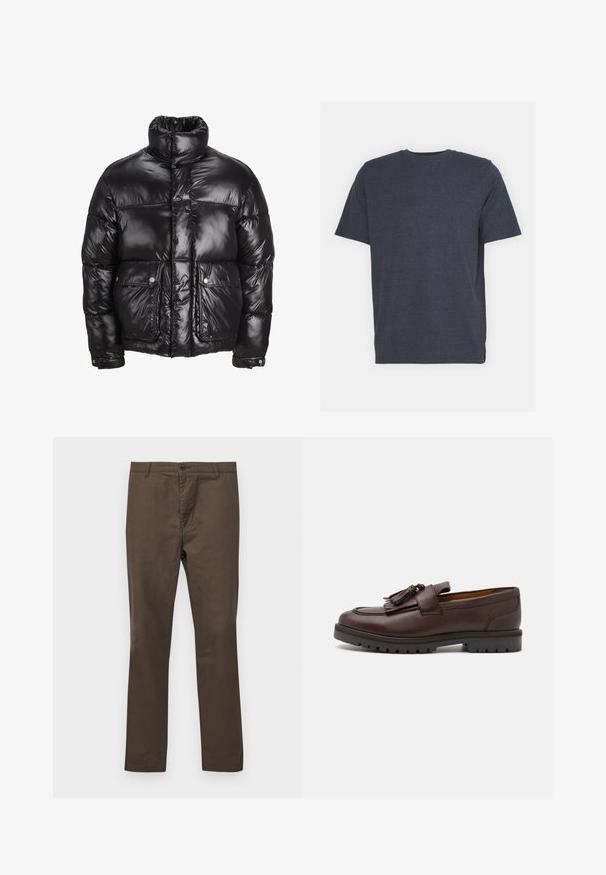 Abrigo acolchado negro hecho de material brillante, con un cuello alto, dos bolsillos frontales con cierres a presión y un diseño acolchado.; Camiseta de cuello redondo azul marino hecha de una suave mezcla de algodón, con mangas cortas y un corte regular. Sin patrones ni acentos visibles.; Pantalones de algodón marrón con un diseño de pierna recta, que cuentan con cierre de botón y trabillas para cinturón, textura suave sin patrones ni acentos.; Zign Mocasines elegantes - brown