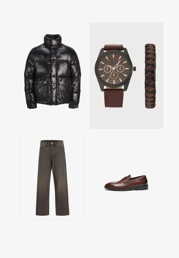 Black puffer jacket made of shiny material, featuring a high collar, two front pockets with snap closures, and a padded design.; White cotton t-shirt with short sleeves, round neck, and contrasting stitching detail around the neckline and sleeves.; Wide-leg jeans in dark grey denim, featuring a high waist, classic five-pocket design, and contrasting stitching along the seams.; Brown leather loafers with a smooth finish, rounded toe, decorative strap, and black rubber sole. Features minimal stitching detail.; Pier One SET - Watch - black/brown