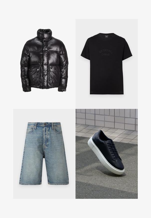 Black puffer jacket made of shiny material, featuring a high collar, two front pockets with snap closures, and a padded design.; Black cotton t-shirt with short sleeves and a round neckline. Features "ORIGINALS Studio" embossed in tonal lettering on the front.; Denim shorts featuring a light blue wash, five-pocket design, and straight cut. Durable fabric with visible stitching and a button closure.; Black leather sneaker with rounded toe and white rubber sole. Features flat laces and minimal stitching on the upper. Textured sole for grip.