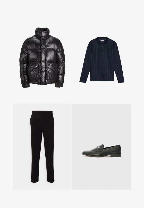 Black puffer jacket made of shiny material, featuring a high collar, two front pockets with snap closures, and a padded design.; Navy long-sleeve polo shirt with a collared neckline, featuring thin vertical stripes and three-button placket. Soft fabric texture.; Black tailored trousers with a straight-leg design, smooth texture, and no visible embellishments. Standard waistband with belt loops.; Black leather loafer with a smooth finish, featuring a stitched design and a decorative metal chain accent across the vamp. Flat heel.