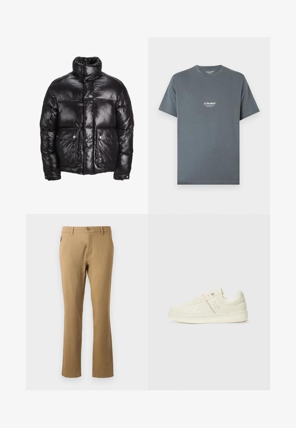 Musta untuvaparka, joka on valmistettu kiiltävästä materiaalista, jossa on korkea kaulus, kaksi etutaskua napilla, sekä pehmustettu muotoilu.; Harmaa puuvillainen T-paita pyöreällä kaula-aukolla. Rintakehässä valkoinen "JJ Studios" -brändi. Lyhyet hihat ja rento istuvuus.; Beige chinos dengan desain kaki lurus, terbuat dari katun, dilengkapi dengan penutupan tombol depan tunggal dan saku samping. Tekstur halus.; Valkokoska sneaker, jossa on rei'itettyjä yksityiskohtia, nauhat ja logo sivussa, esillä tasaisella valkoisella taustalla.