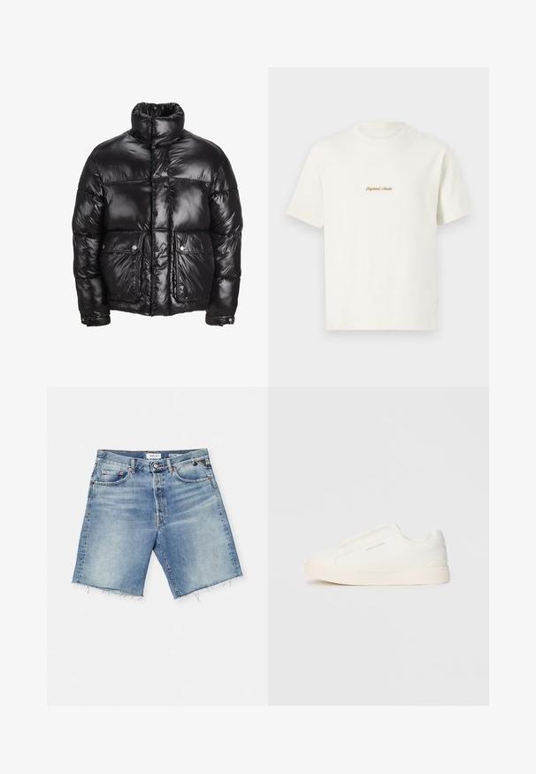 Casaco puffer preto feito de material brilhante, com um colarinho alto, dois bolsos frontais com fecho de pressão e um design acolchoado.; T-shirt de algodão creme com mangas cortas, decote redondo e logótipo bordado "Original Studio" em dourado no peito. Textura suave.; Calças de ganga azul claro com bainha desfiada, cinco bolsos, fecho por botão e passadores para cinto. Feitas em algodão, com um efeito de lavagem desbotada.; Sapatilhas brancas de atacar com uma superfície texturizada, sola grossa e design minimalista. Possui o logo da marca na lateral.