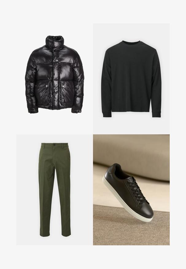Črn napihljiv jopič iz sijočega materiala, z visokim ovratnikom, dvema sprednjima žepoma z zavihkom in oblazinjenim dizajnom.; Dolga majica iz črnega bombaža z dolgimi rokavi, okroglim izrezom in ohlapnim krojem ter rebrastimi manšetami. Gladka tekstura brez vidnih vzorcev.; Olivno zelene bombažne hlače s ravnim krojem, z zapiranjem na gumb spredaj, stranskimi žepi in minimalnimi detajli šivanja.; Črne usnjene superge z belo gumijasto podplatom in črnimi vezalkami, postavljene na bež tkaninsko površino in ozadje.