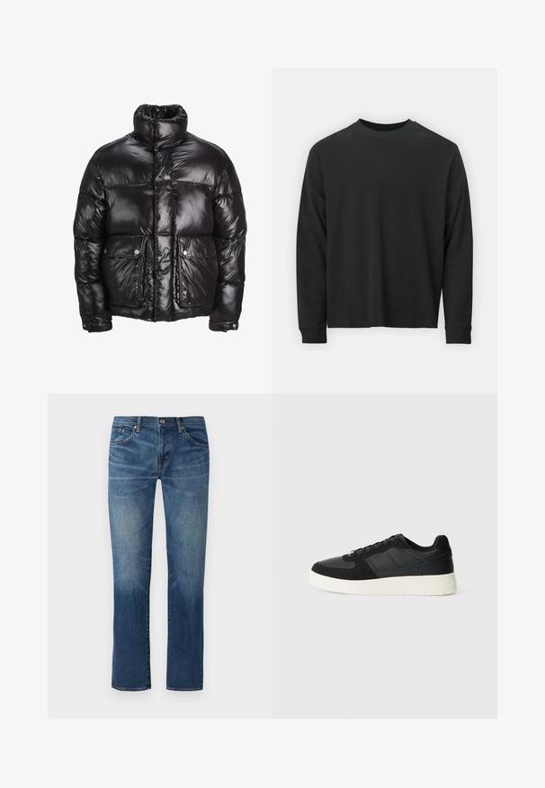 Juodas pūkinis švarkas, pagamintas iš blizgaus medžiagos, su aukštu apykakle, dviem priekiniais kišenėmis su snapeliais ir paminkštinta struktūra.; Ilga melsva juoda marškinėliai, pagaminti iš medvilnės, su apvaliu iškirpimu, laisvu siluetu ir ripsuota apykakle. Lygus paviršius be matomų raštų.; Mėlyni džinsai, tiesaus kirpimo, vidutinio plaunamo, su keturiomis kišenėmis, užsegimu su mygtuku, matomomis siūlėmis, šiek tiek nusidėvėję ties šlaunimis ir apatine dalimi.; Juodos žemos kedai iš tekstūruotos odos ir zamšo plokštelių, su balta guma priekiu ir juodomis raištelėmis ant vientiso šviesaus fono.