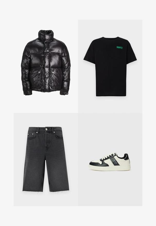 Sort pufferjakke lavet af skinnende materiale, med højt krave, to forlommer med tryklåse og polstret design.; Sort t-shirt lavet af bomuld med korte ærmer. Har et grønt "ROOTS" logo på forsiden, rund halsudskæring og almindelig pasform.; Sorte denim shorts med lige snit, der har en let trådet kant, bæltestropper, fem lommer og sølvfarvede knapper.; Lædersneakers i sort og creme farveskema, med perforerede detaljer, en polstret krave og en struktureret ydersål.