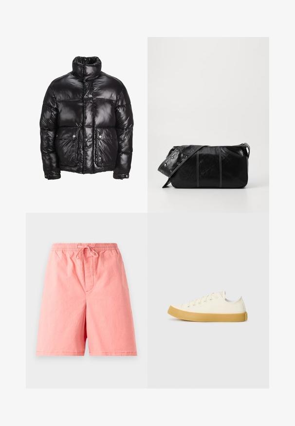 Čierna puffa bunda z lesklého materiálu, s vysokým golierom, dvoma prednými vreckami so zapínaním na cvoky a polstrovaným dizajnom.; Jednoduché svetlošedé tričko s krátkym rukávom a okrúhlym výstrihom, vystavené na bielom pozadí, pohľad z prednej strany bez viditeľných log a dizajnov.; Svetloružové šortky vyrobené z bavlny, s elastickým pásom so šnúrkou a jednou prednou vreckom so šitým švom.; Plátne tenisky v off-white farbe s okrúhlym špičkou, s béžovými gumovými podrážkami a piatimi dierkami na šnúrky, textúrovaný povrch na hornej časti.; Čierna kožená kabelka cez plece so zipsovým uzáverom, so štruktúrovaným telom, bielym prešívaním a popruhom so striebornými očkami.