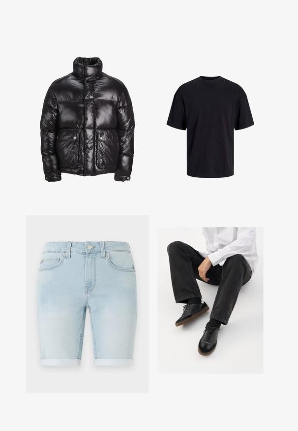 Black puffer jacket made of shiny material, featuring a high collar, two front pockets with snap closures, and a padded design.; Black cotton t-shirt with a crew neckline, short sleeves, and a relaxed fit. Smooth texture and no visible patterns or accents.; Light blue denim shorts with a rolled hem, classic five-pocket design, and front button closure. Smooth texture with slight fading.; Black sneakers with a smooth and textured upper, featuring a rubber sole and dark laces. Paired with black jeans and a white striped shirt.