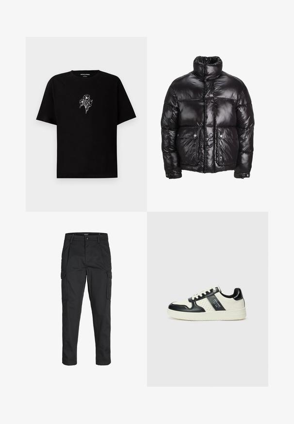 Black puffer jacket made of shiny material, featuring a high collar, two front pockets with snap closures, and a padded design.; Black cotton t-shirt with a crew neck and short sleeves. Features white floral embroidery on the chest. Soft texture, relaxed fit.; Black cargo pants made of sturdy fabric, featuring multiple pockets, a button closure, and a slim fit design with tapered legs.; Leather sneakers with a black and cream color scheme, featuring perforated accents, a padded collar, and a textured outsole.
