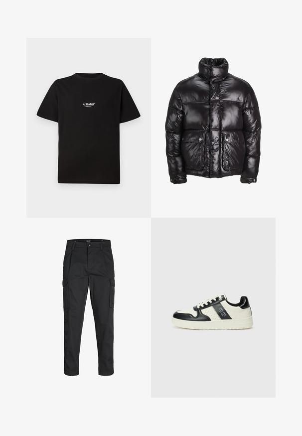 Črn napihljiv jopič iz sijočega materiala, z visokim ovratnikom, dvema sprednjima žepoma z zavihkom in oblazinjenim dizajnom.; Črna bombažna majica s krožnim izrezom in kratkimi rokavi. Ima belo logo "JJ Studios" na zgornjem prsnem delu.; Črne cargo hlače iz trdnega blaga, ki imajo več žepov, gumbasto zapiranje in ozek kroj z zožanimi nogami.; Usnjeni športni čevlji z črno in krem barvno shemo, ki vključujejo perforirane dodatke, podložen ovratnik in strukturirano podplat.