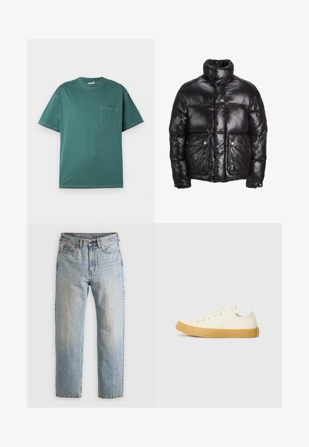 Abrigo acolchado negro hecho de material brillante, con un cuello alto, dos bolsillos frontales con cierres a presión y un diseño acolchado.; Camiseta de manga corta en color teal con costuras blancas y un bolsillo en el lado izquierdo del pecho, exhibida contra un fondo blanco liso.; Jeans de mezclilla azul claro de cintura alta, con botón frontal, cremallera y diseño de cinco bolsillos, dispuestos sobre un fondo neutro.; Zapatillas de lona en color blanco roto con punta redonda, que cuentan con suelas de goma beige y cinco ojetes para los cordones, acabado texturizado en la parte superior.